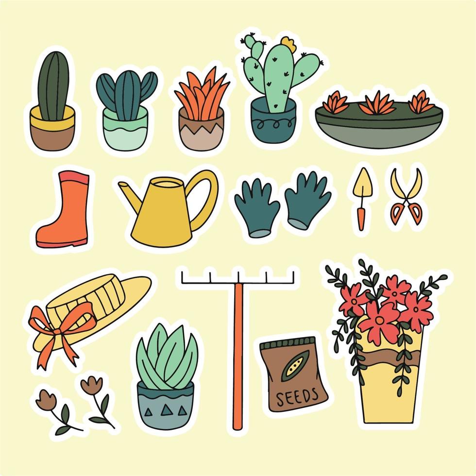 conjunto de adesivos de clipart de ícone de jardinagem na primavera vetor