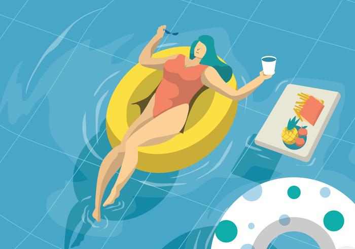 Mulher tomando banho de sol na ilustração em vetor de piscina