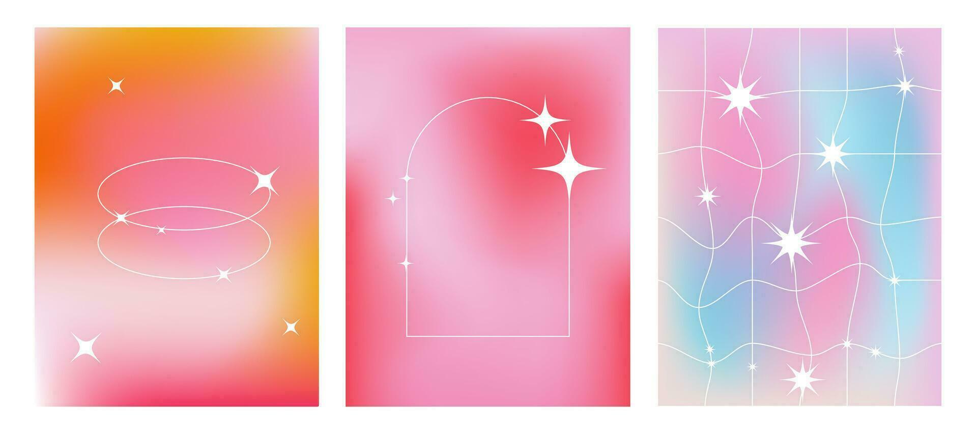 romântico fofa moderno fluido gradiente cartazes com linear formulários e brilhos. na moda minimalista estético impressão com linha arco quadros, estrelas e borrado pastel gradiente fundo vetor poster modelo