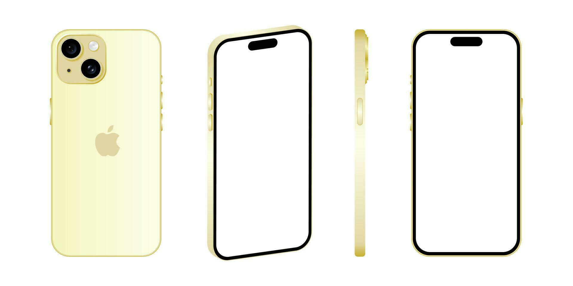 Iphone 15 modelo. amarelo cor. frente visualizar, lado Visão e costas visualizar. vetor brincar. vetor ilustração