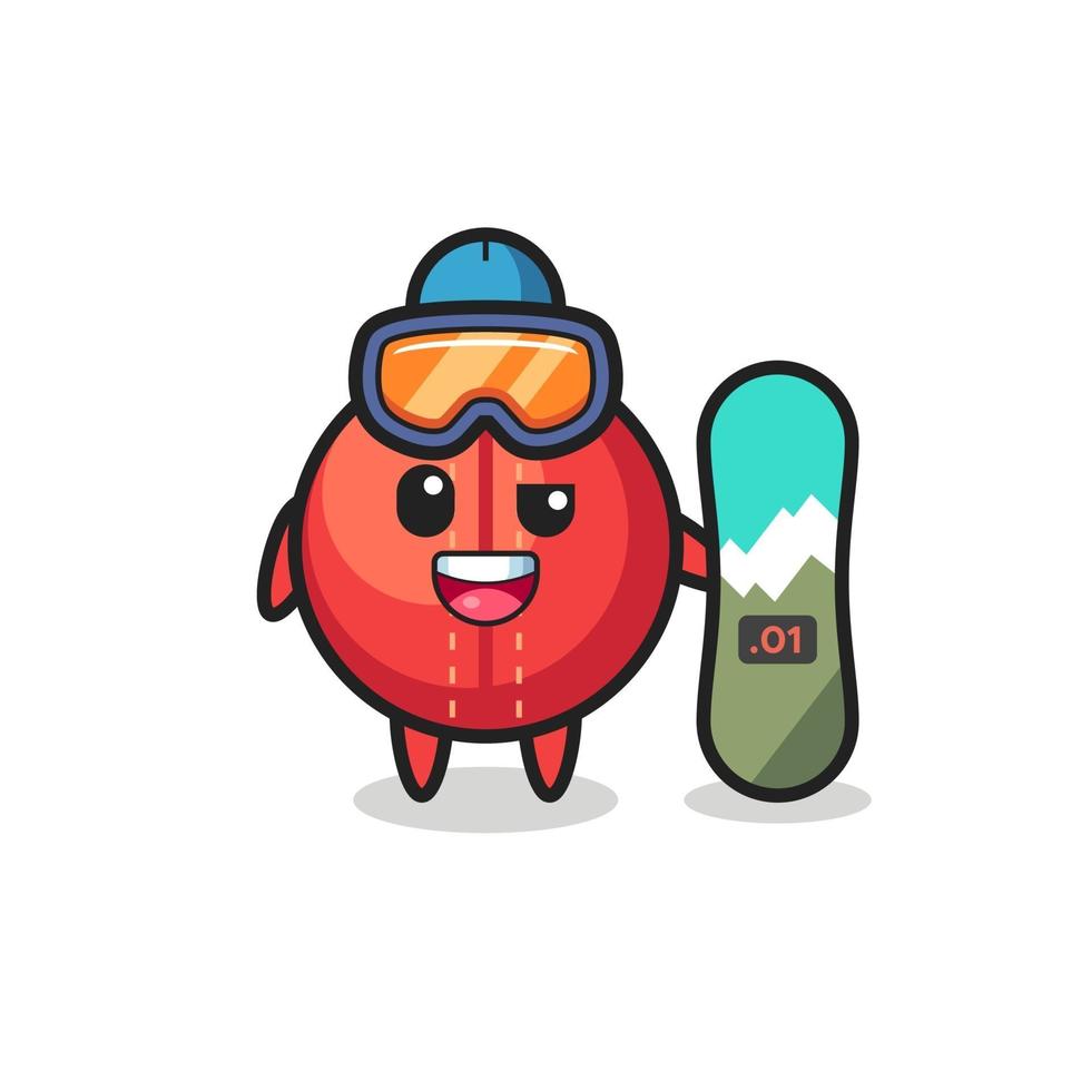 ilustração de personagem de bola de críquete com snowboard vetor