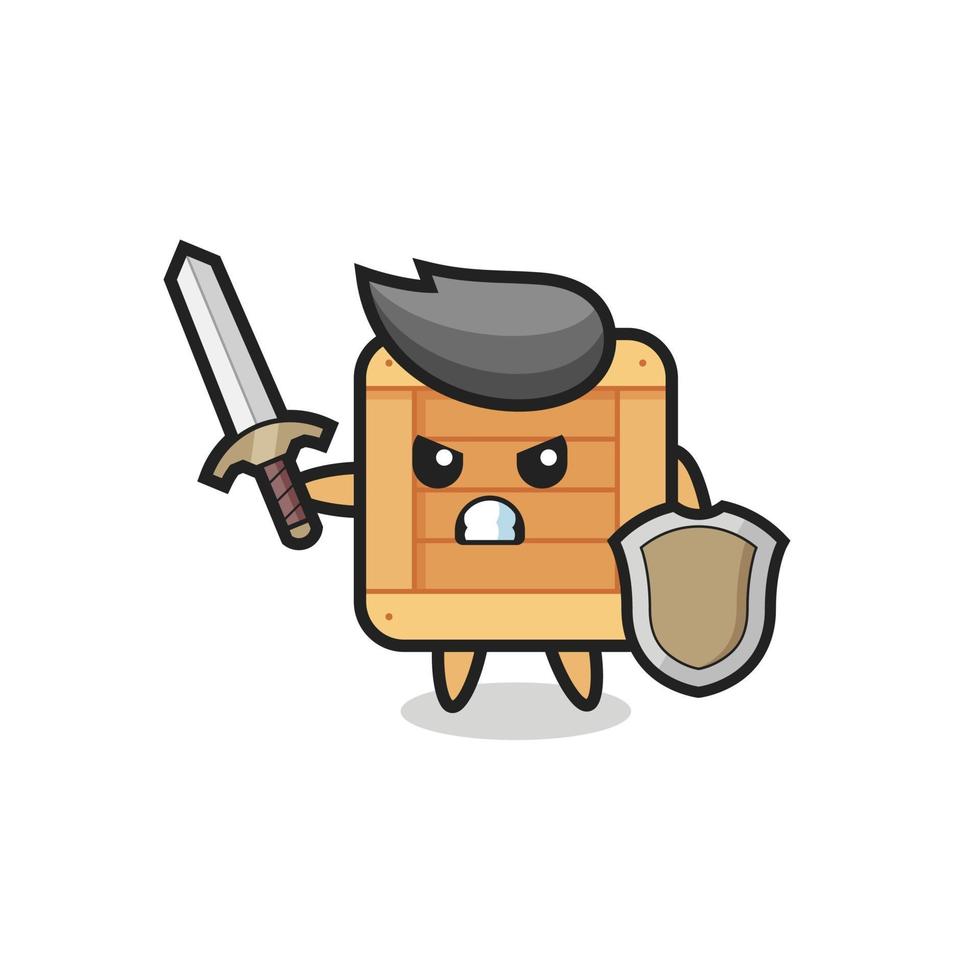 Soldado de caixa de madeira fofo lutando com espada e escudo vetor