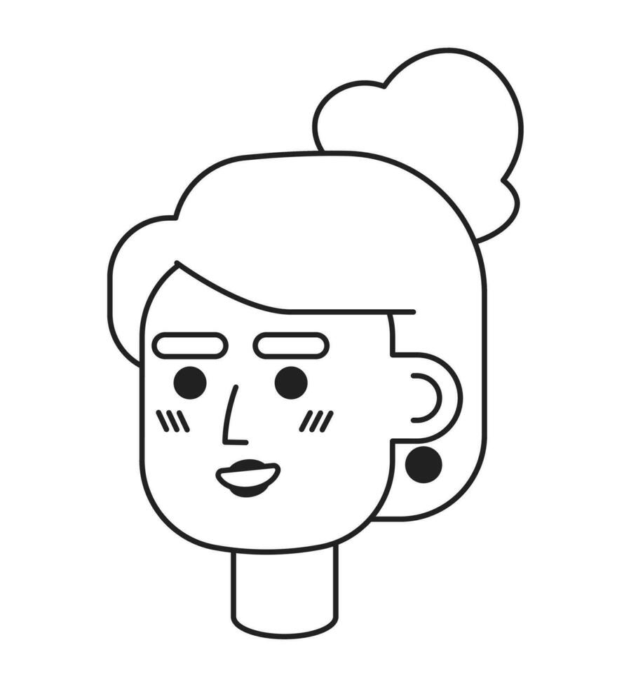 formal Alto pão Penteado caucasiano mulher Preto e branco 2d vetor avatar ilustração. encantador senhora esboço desenho animado personagem face isolado. brilhantemente sorridente plano do utilizador perfil imagem, retrato