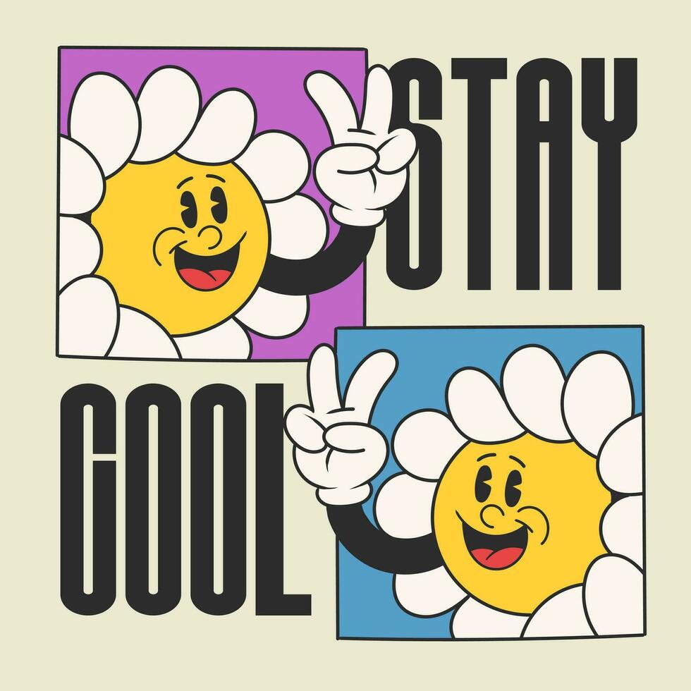margarida flor groovy personagem anos 90 Projeto ilustração com slogan, retro desenho animado personagem vetor