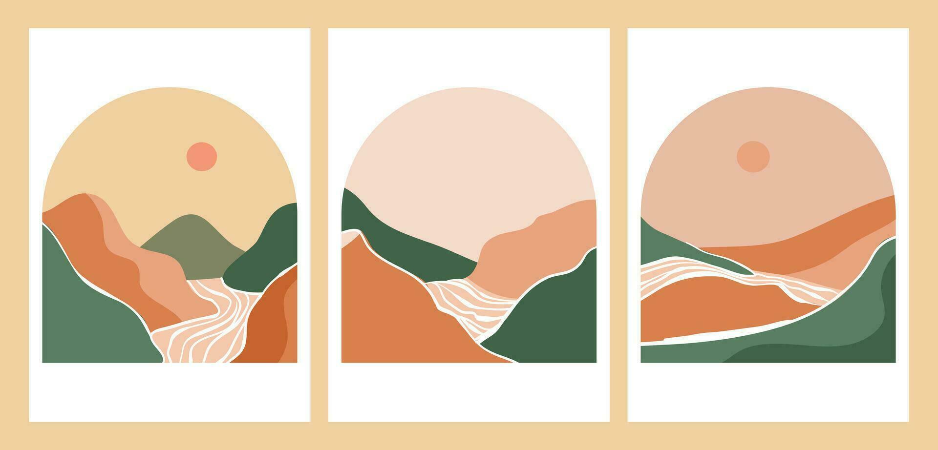 conjunto do volta montanhas logotipo. volta logotipo para adesivos, poster logotipos, cartão. minimalista estilo panorama ilustrações do meio século moderno arte com rio, colinas, onda vetor