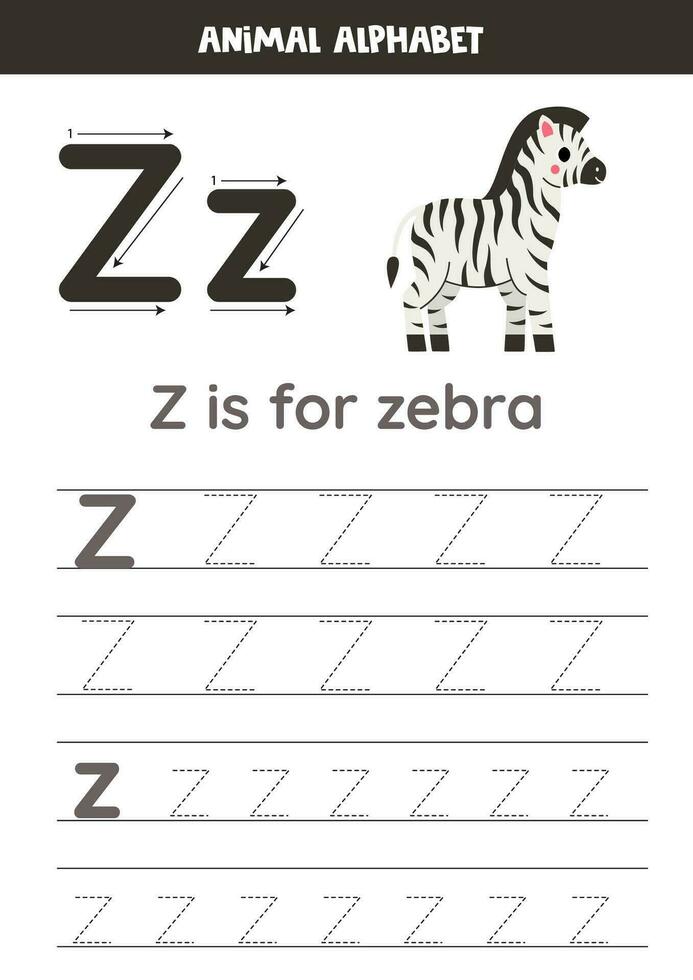 rastreamento alfabeto cartas para crianças. animal alfabeto. z é para zebra. vetor