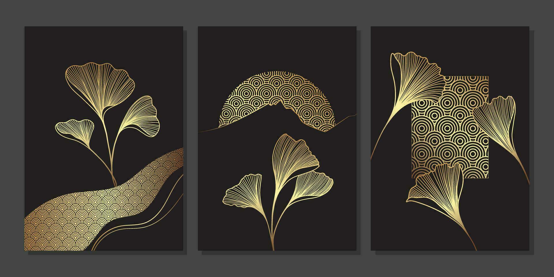 conjunto do luxo ouro parede arte. dourado ginkgo biloba folhas e geométrico elementos. japonês estilo linha arte com galhos. linear plantas em Preto fundo. abstrato minimalista arte mural ilustração vetor