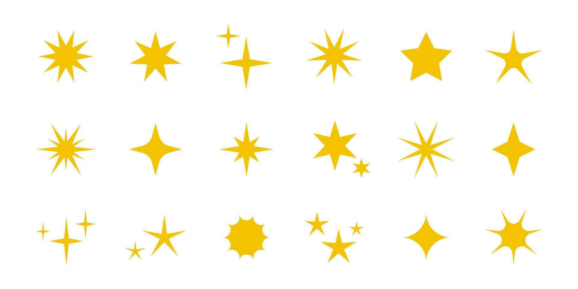 vetor amarelo e ouro estrelas brilhos ícones. coleção do amarelo Estrela sinais. decoração cintilação, brilhante clarão. ouro brilhando luz estrelas e rajadas isolado em branco.