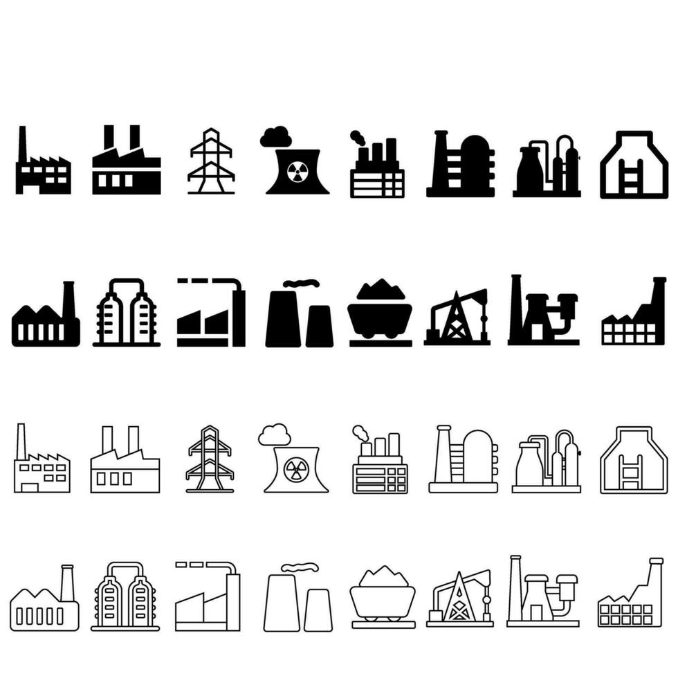 industrial fábricas vetor ícones definir. fábrica ícone ilustração coleção. indústria poder, químico fabricação construção armazém nuclear energia plantar.