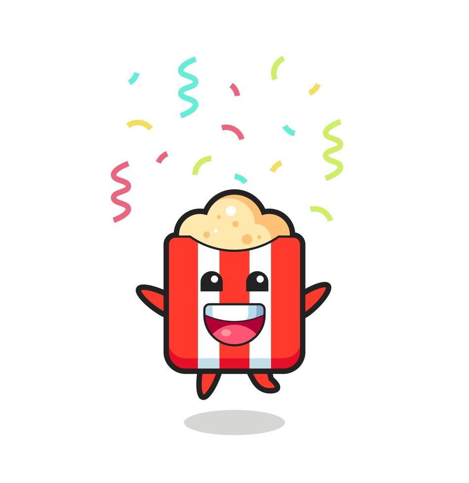 mascote da pipoca feliz pulando para os parabéns com confetes coloridos vetor