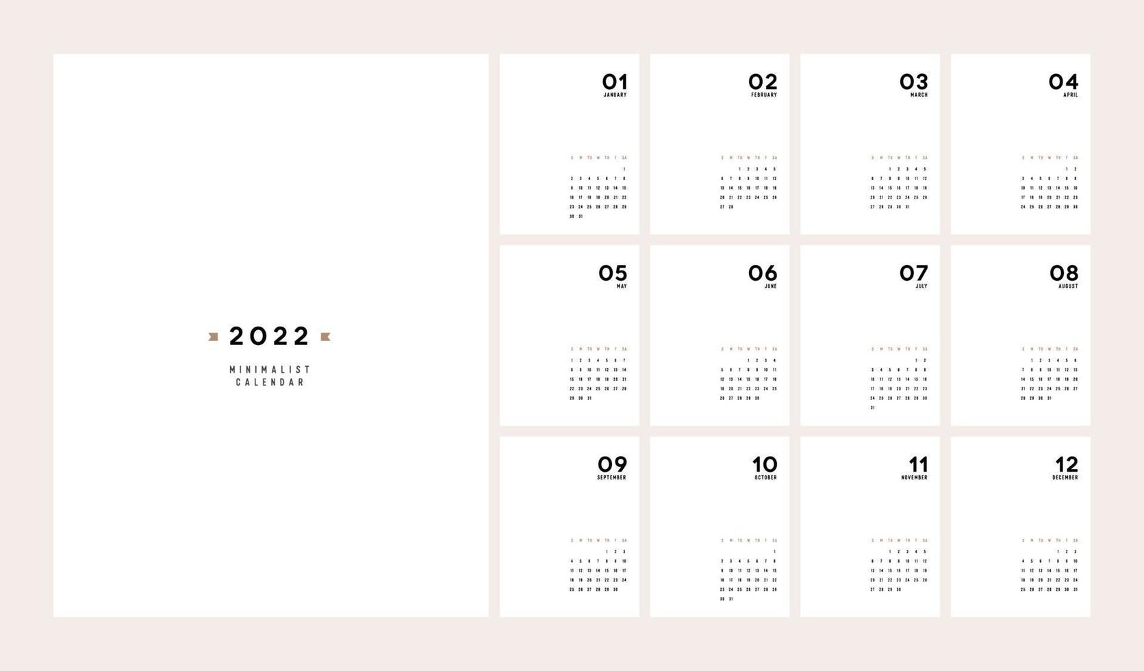 calendário 2022 estilo minimalista moderno. calendário mínimo vetor