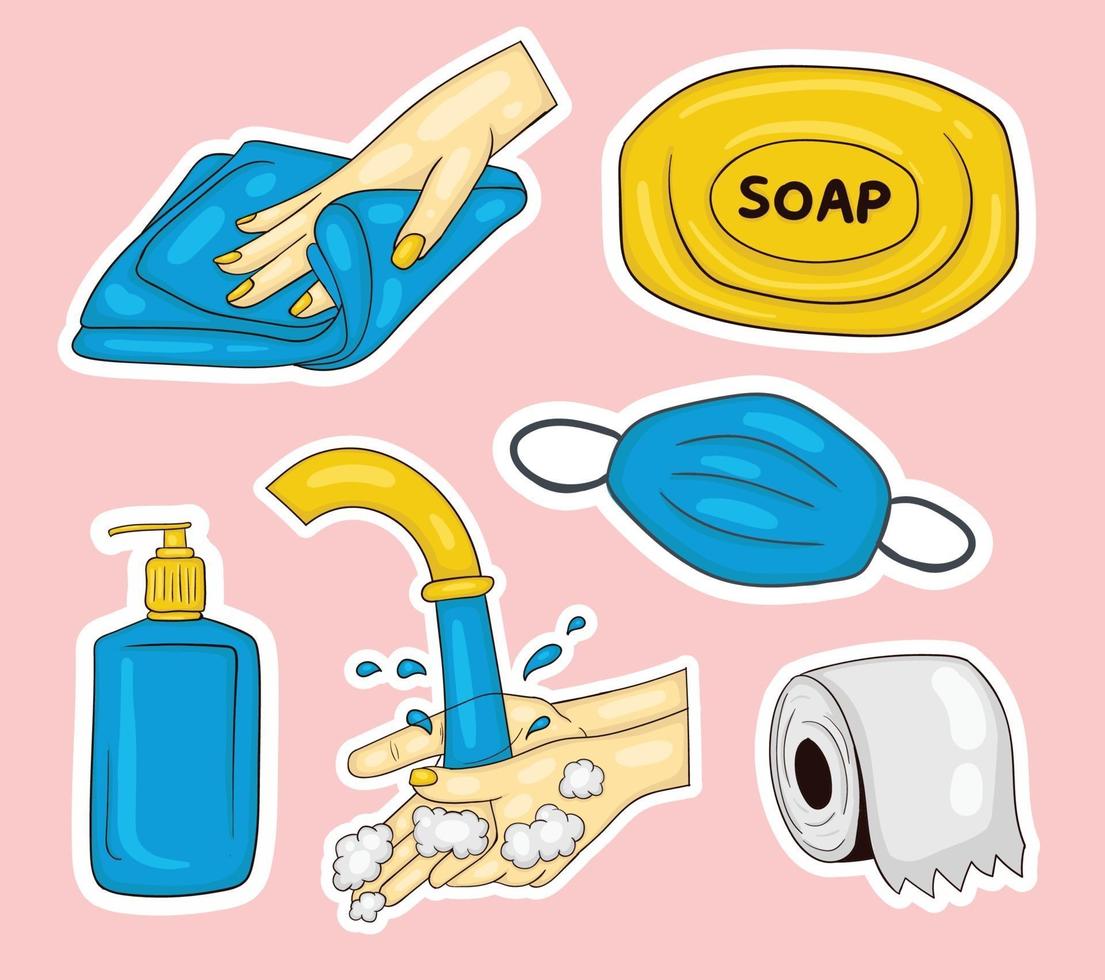coleção colorida de adesivos de elementos de higiene desenhados à mão vetor