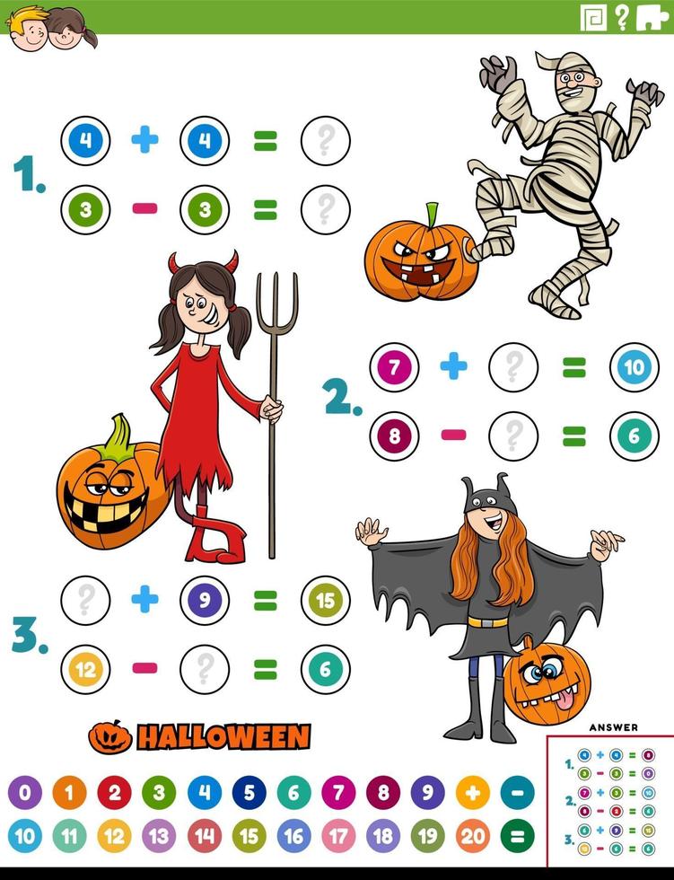 tarefa matemática de adição e subtração com crianças no dia das bruxas vetor
