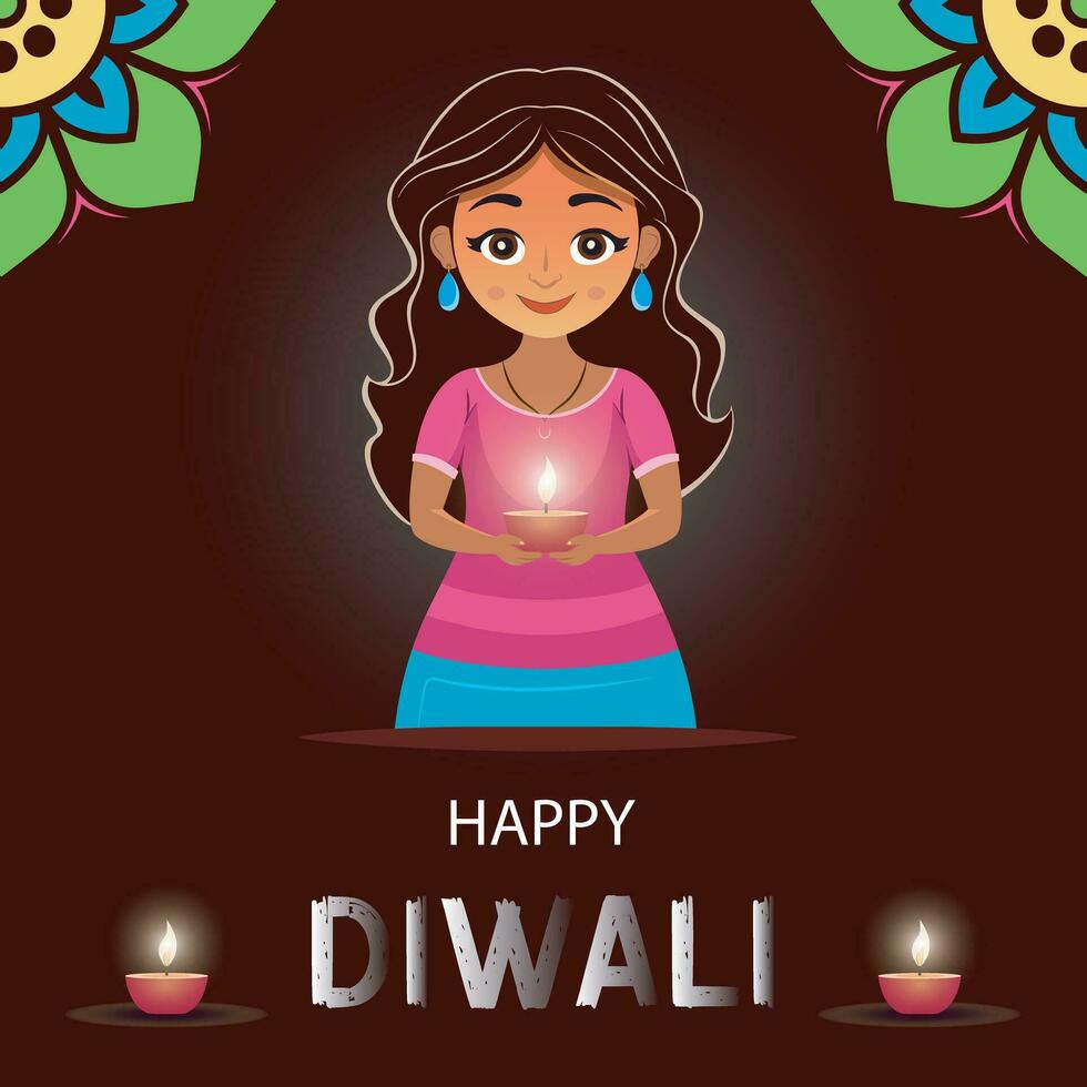 feliz diwali fundo vetor ilustração com desenho animado menina segurando óleo luminária plano projeto, deepavali cumprimento cartão , diya deepawali desejos poster com óleo lâmpadas, social meios de comunicação postar modelo