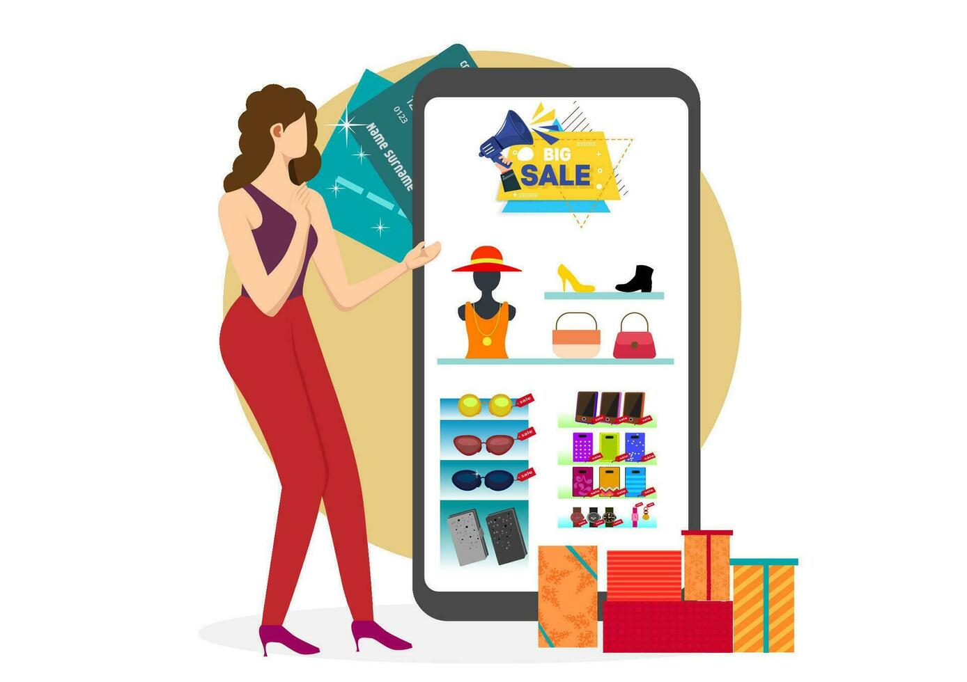 conectados compras conceito com personagens. vendas e consumismo. jovem mulher compras conectados usando uma Smartphone. vetor ilustração