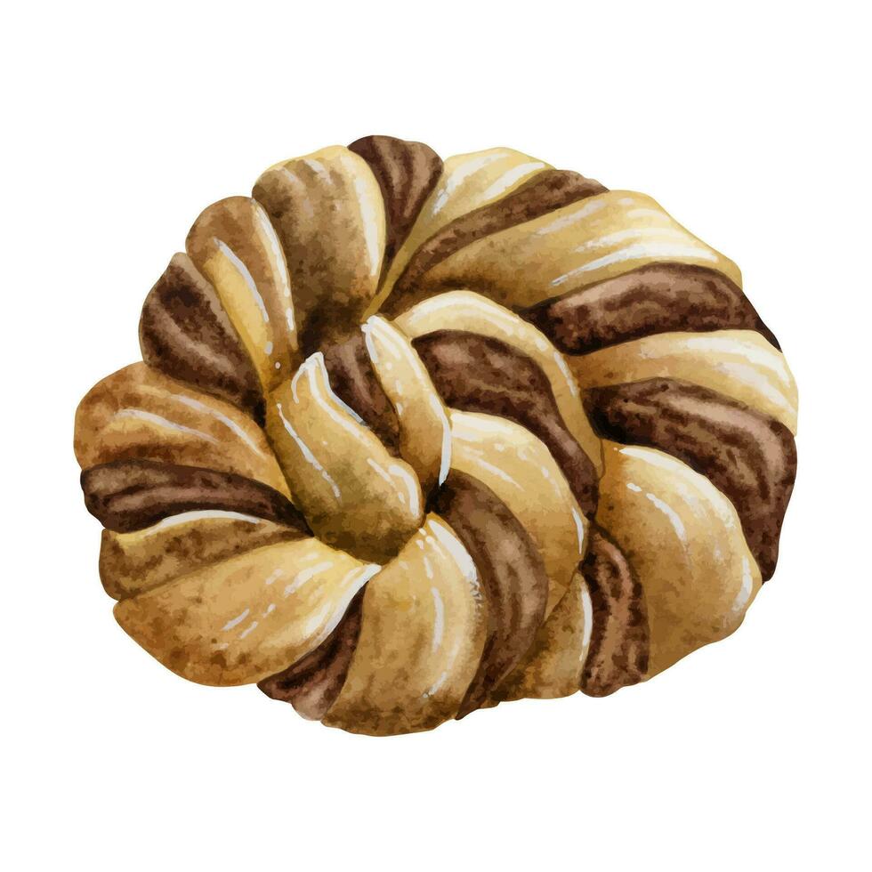 sueco chocolate trançado pão pão com canela aguarela vetor ilustração. padaria volta sobremesa, guirlanda pastelaria