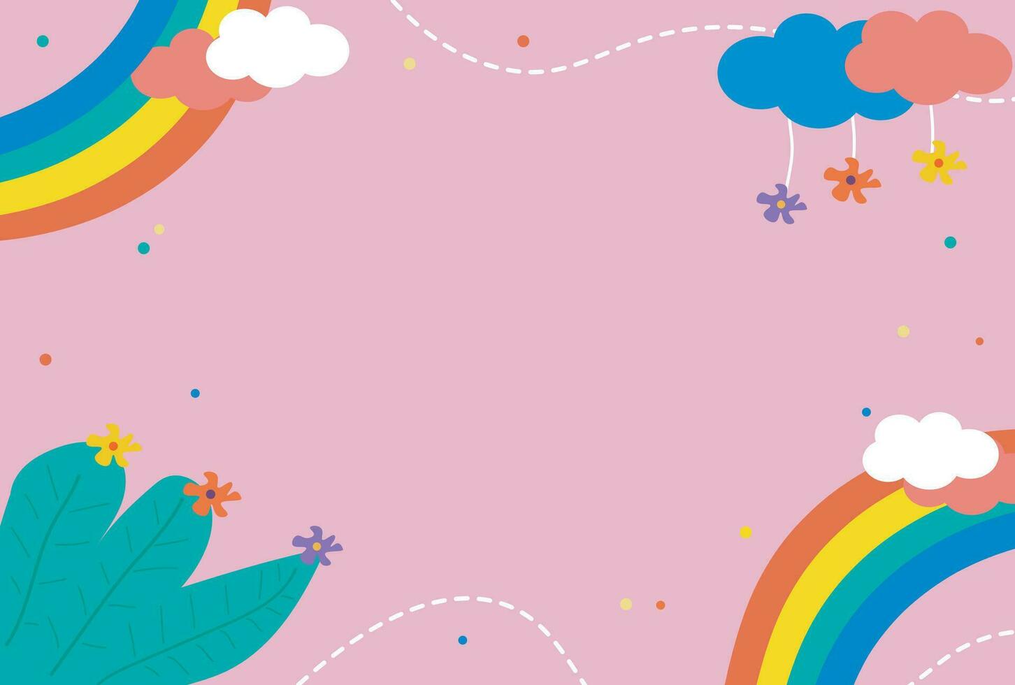 fofa mão desenhado plano mundo crianças dia fundo com arco-íris, nuvem, folhagem e flores vetor