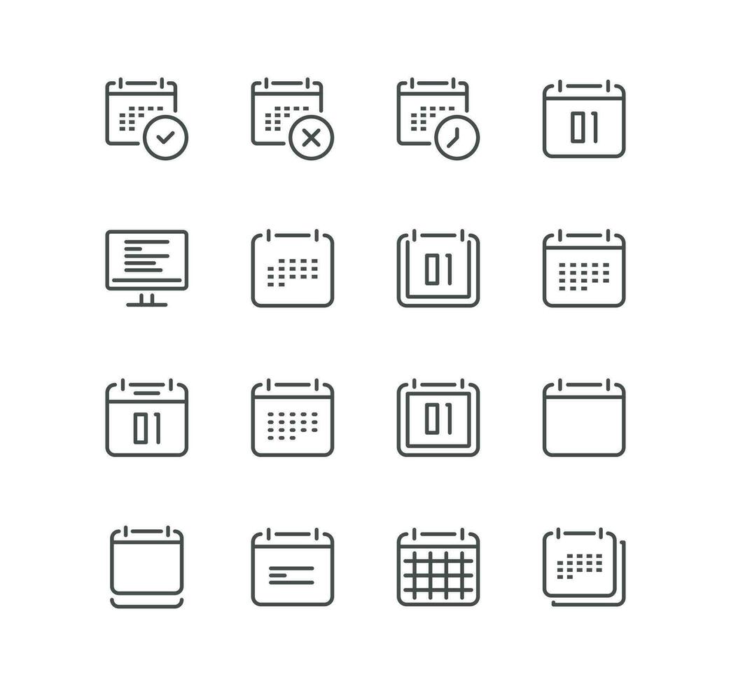 conjunto do calendário relacionado ícones, contagem regressiva, contato, encontro, trabalhando agendar, dados configurações e linear variedade vetores. vetor