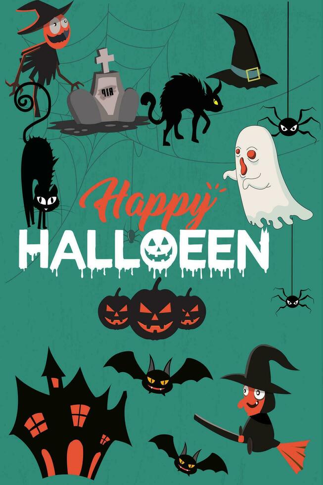 dia das Bruxas gráfico elementos -casas, chapéus, abóboras, fantasmas, zumbis, corujas, morcegos, aranhas, bruxas e outros. vetor ilustração.