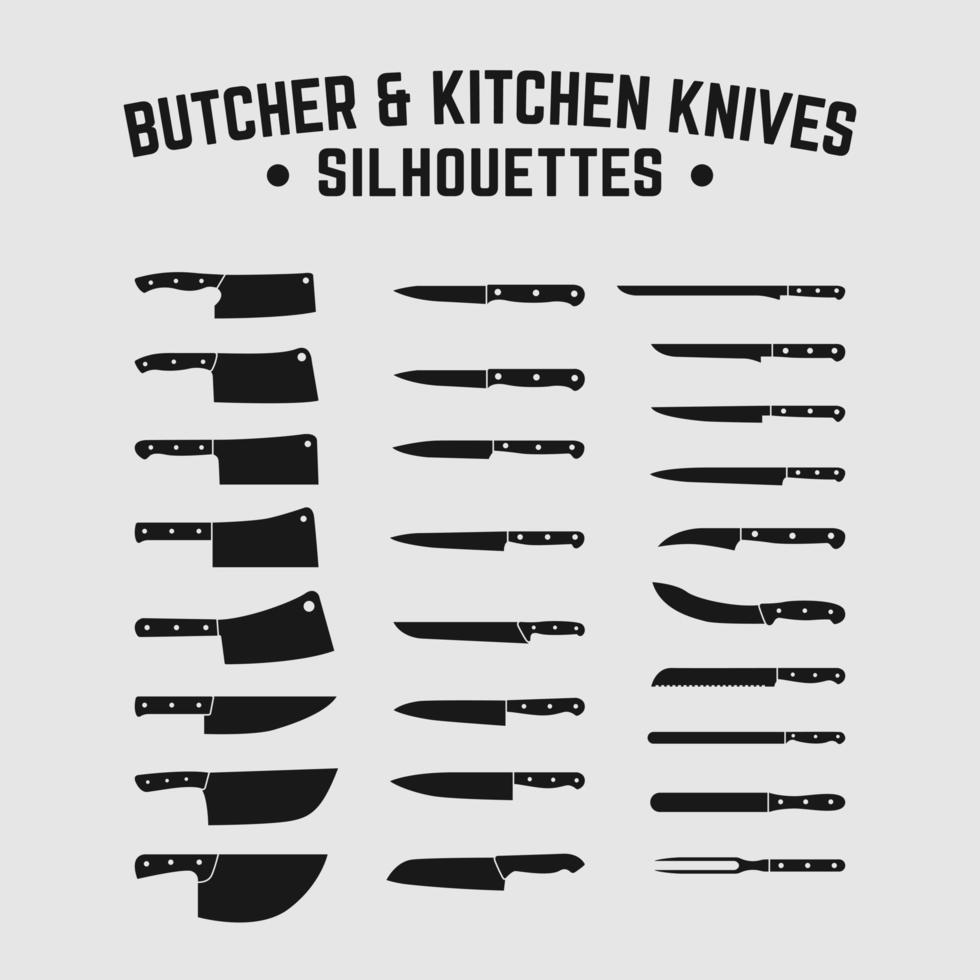 conjunto de cozinha açougueiro chef facas de pão faca cutelo silhueta vetor