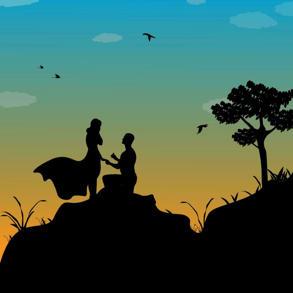 vetor ilustração do silhueta do uma casal em uma Colina às crepúsculo