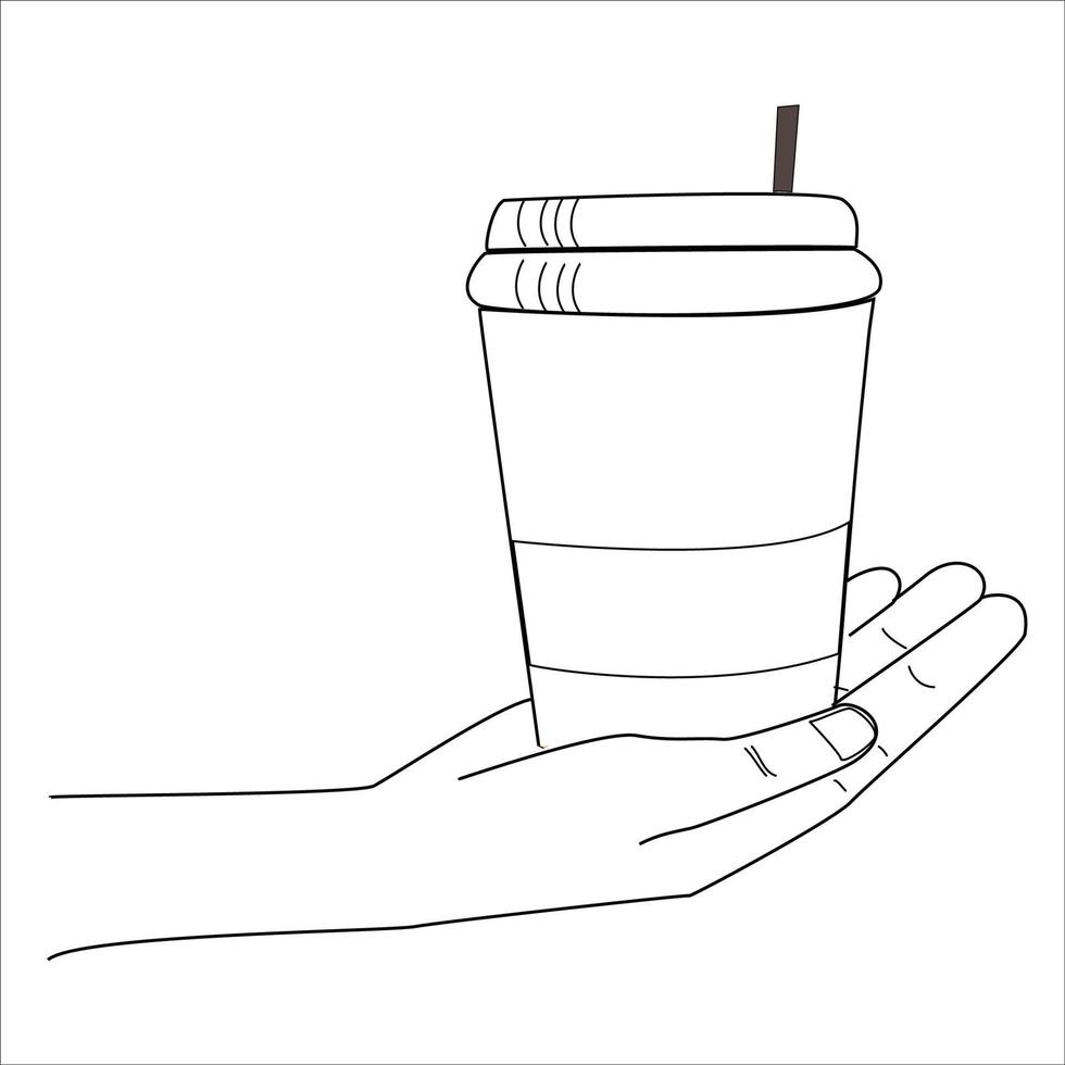 mão segure uma xícara de café. vetor de arte de linha