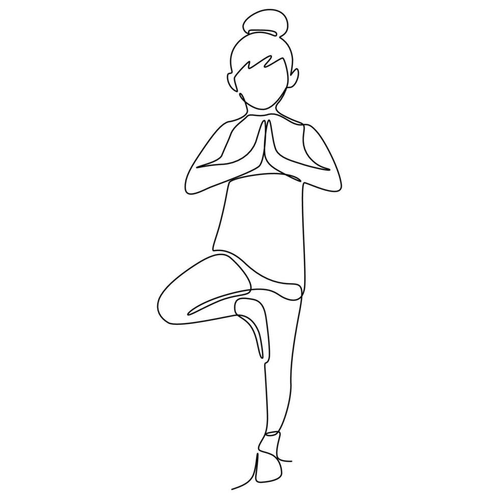 contínuo 1 linha desenhando crianças fazendo exercício. pequeno menina em pé dentro ioga pose. linear ginástica atividade. editável AVC. vetor