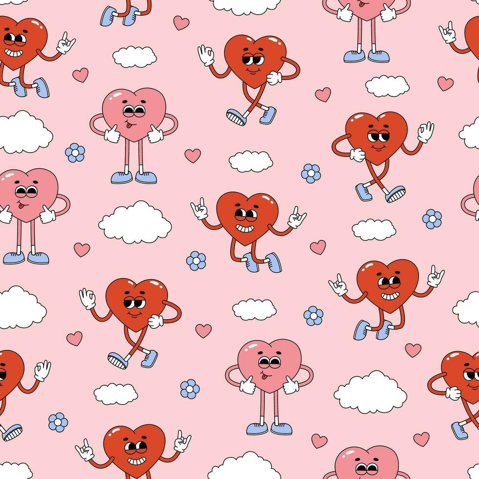 desatado padronizar do groovy corações personagens, flores e nuvens. desenho animado personagens e elementos dentro na moda retro estilo em Rosa fundo vetor