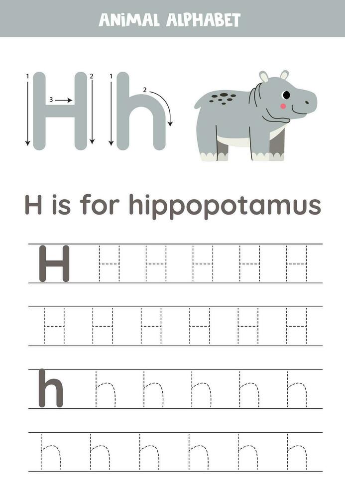 rastreamento alfabeto cartas para crianças. animal alfabeto. h é para hipopótamo. vetor