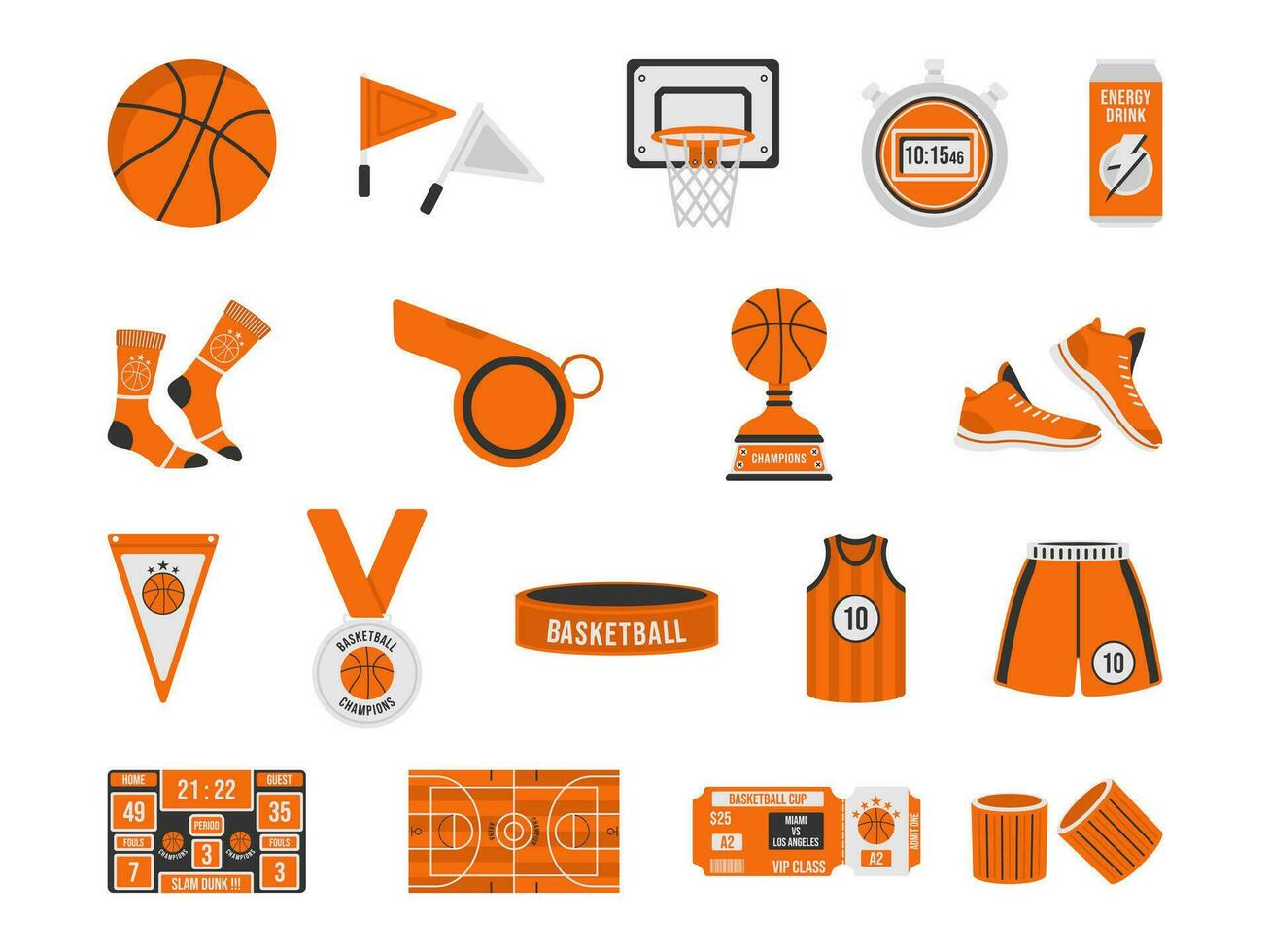 basquetebol elementos moderno plano estilo. basquetebol equipamento coleção vetor ícones ilustração em branco fundo.