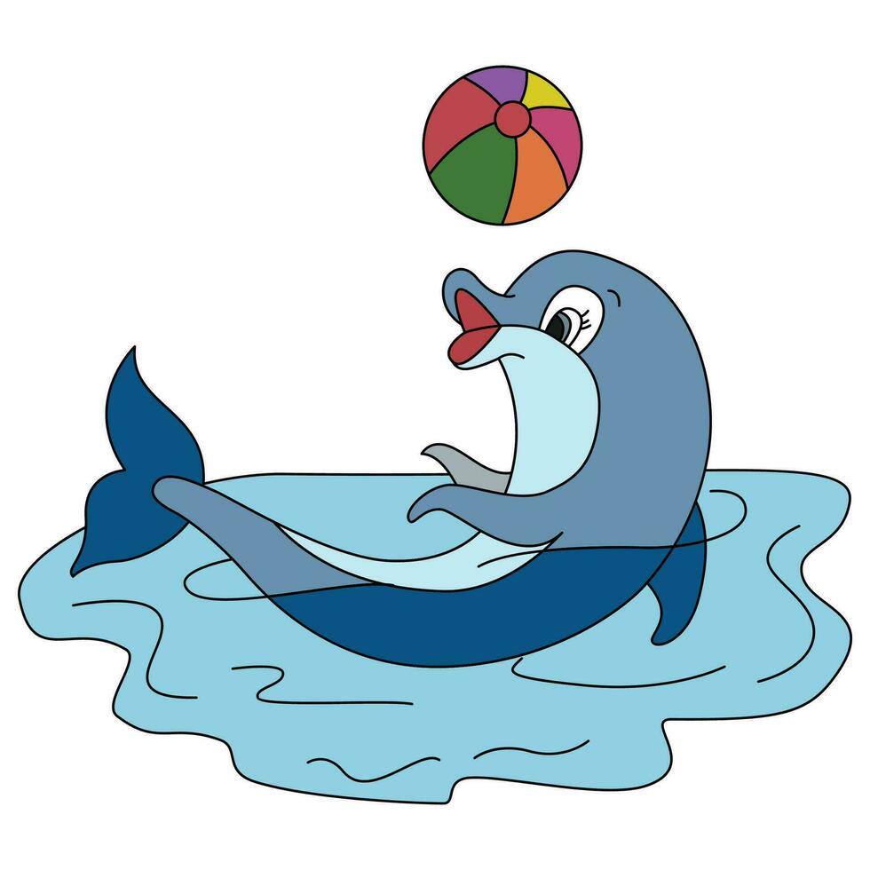 vetor ilustração do pequeno fofa golfinho saltos Fora do a água e bola