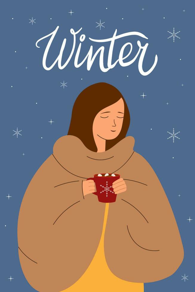mulher embrulhado dentro cobertor com caneca do quente beber e escrito a mão texto inverno. vetor ilustração com flocos de neve