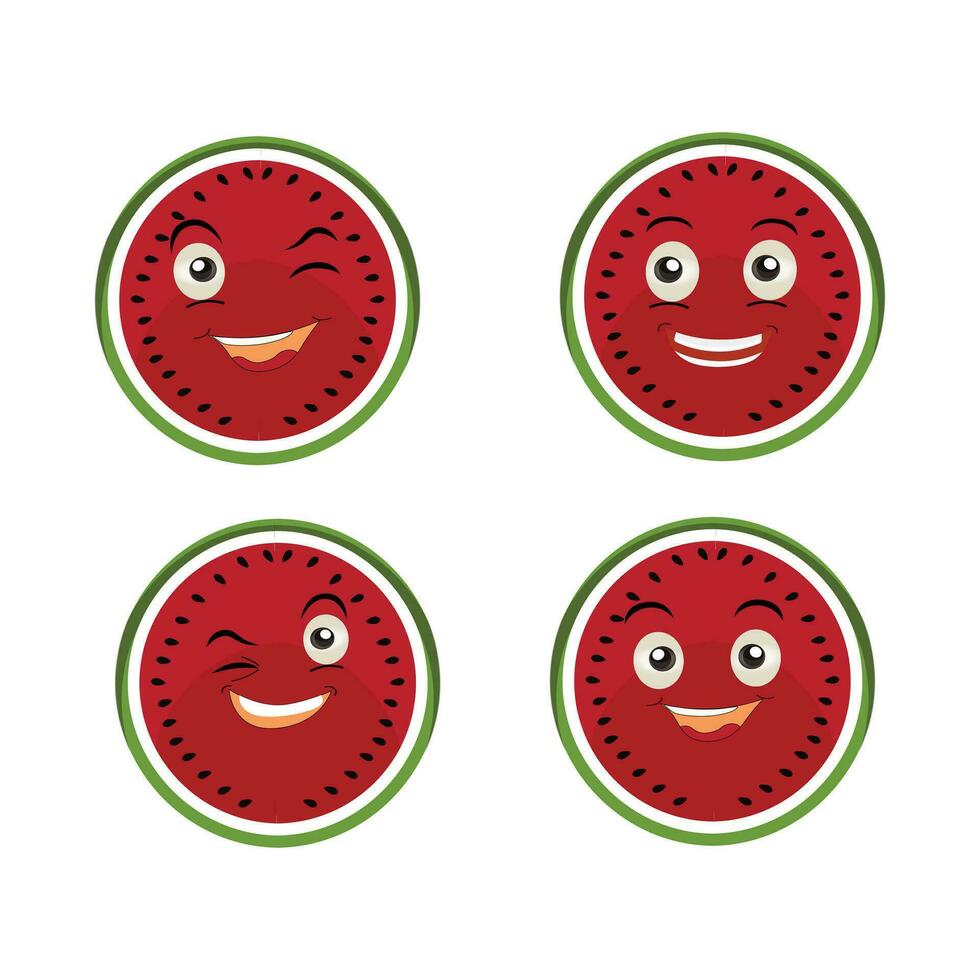 Melancia fatia personagem com engraçado face. feliz fofa desenho animado Melancia emoji definir. saudável vegetariano Comida personagem vetor ilustração