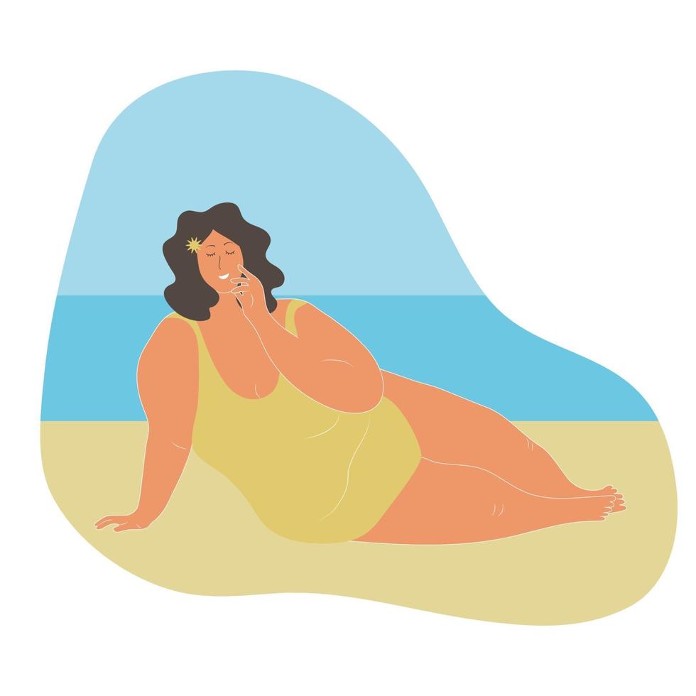 plus size mulher com corpo positivo na praia. conceito de amor a si mesmo. vetor