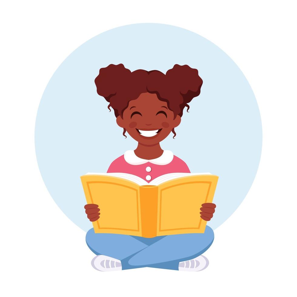 livro de leitura de menina negra. menina estudando com um livro. vetor