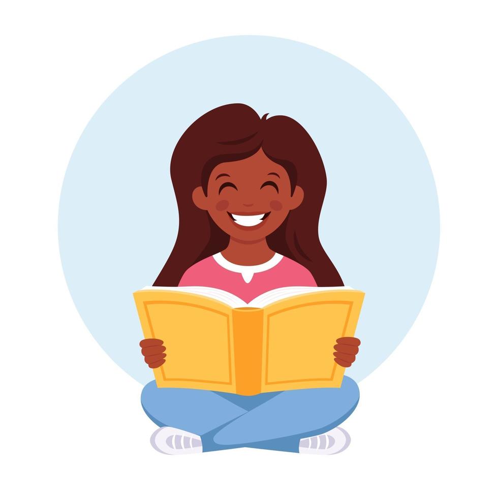 livro de leitura de menina negra. menina estudando com um livro. vetor