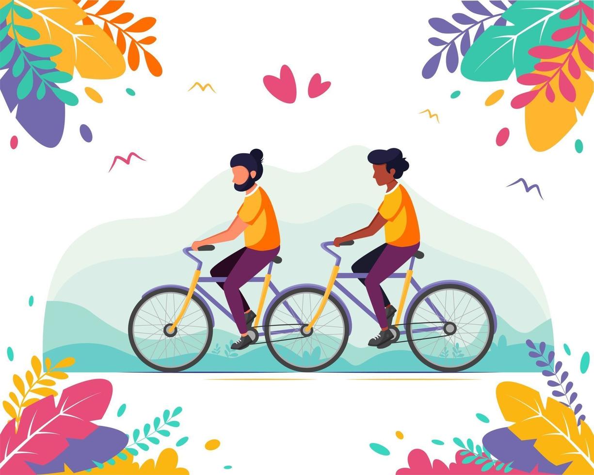 conceito LGBT. casal gay masculino andando de bicicleta tandem. vetor