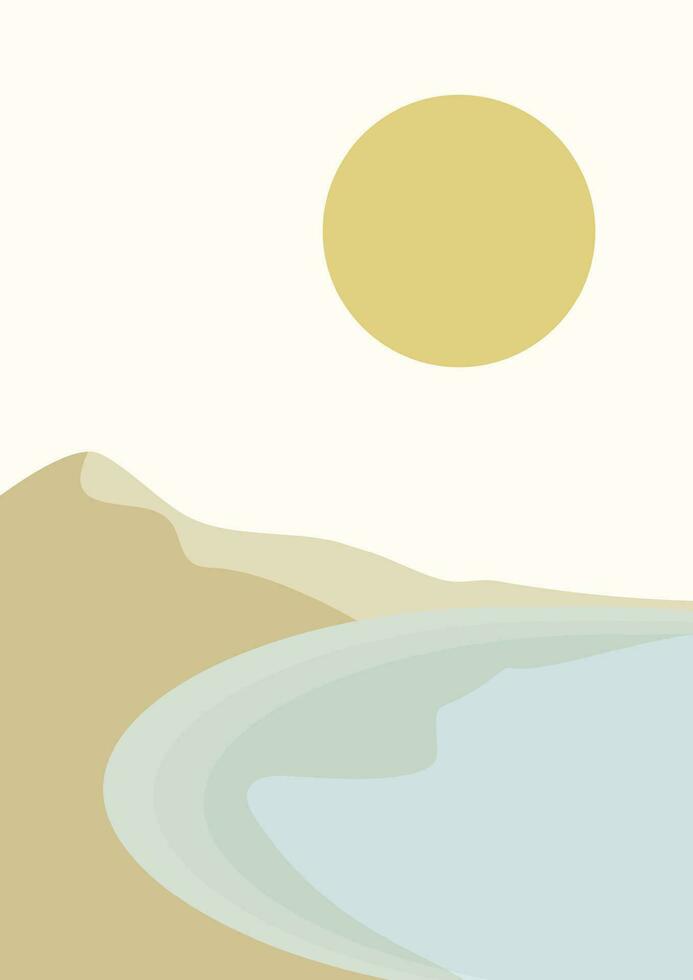 beira-mar e dunas panorama ilustração impresso poster. minimalista vetor desenho animado lago e montanhas