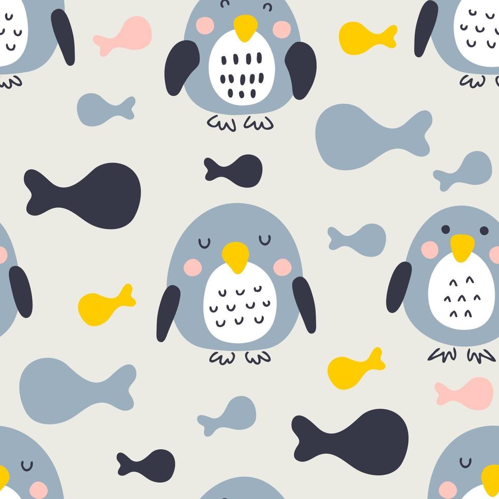 mão desenhada pinguins com padrão sem emenda de peixes coloridos. vetor