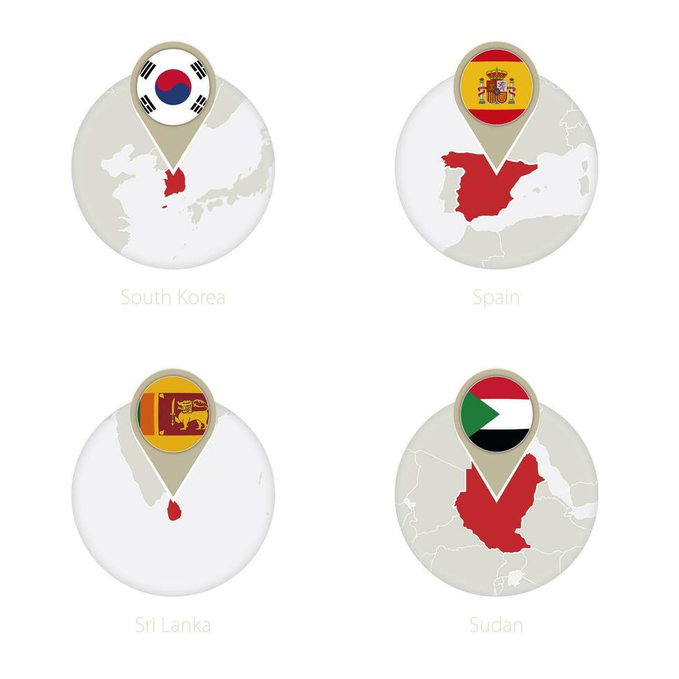 sul Coréia, Espanha, sri lanka, Sudão mapa e bandeira dentro círculo. vetor