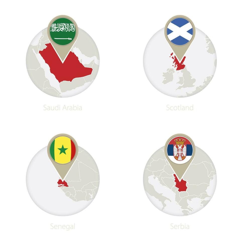 saudita Arábia, Escócia, Senegal, Sérvia mapa e bandeira dentro círculo. vetor