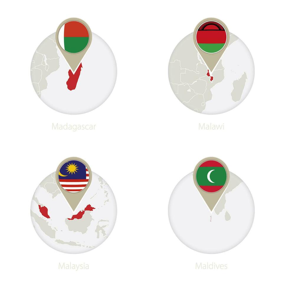 Madagáscar, maláui, Malásia, Maldivas mapa e bandeira dentro círculo. vetor