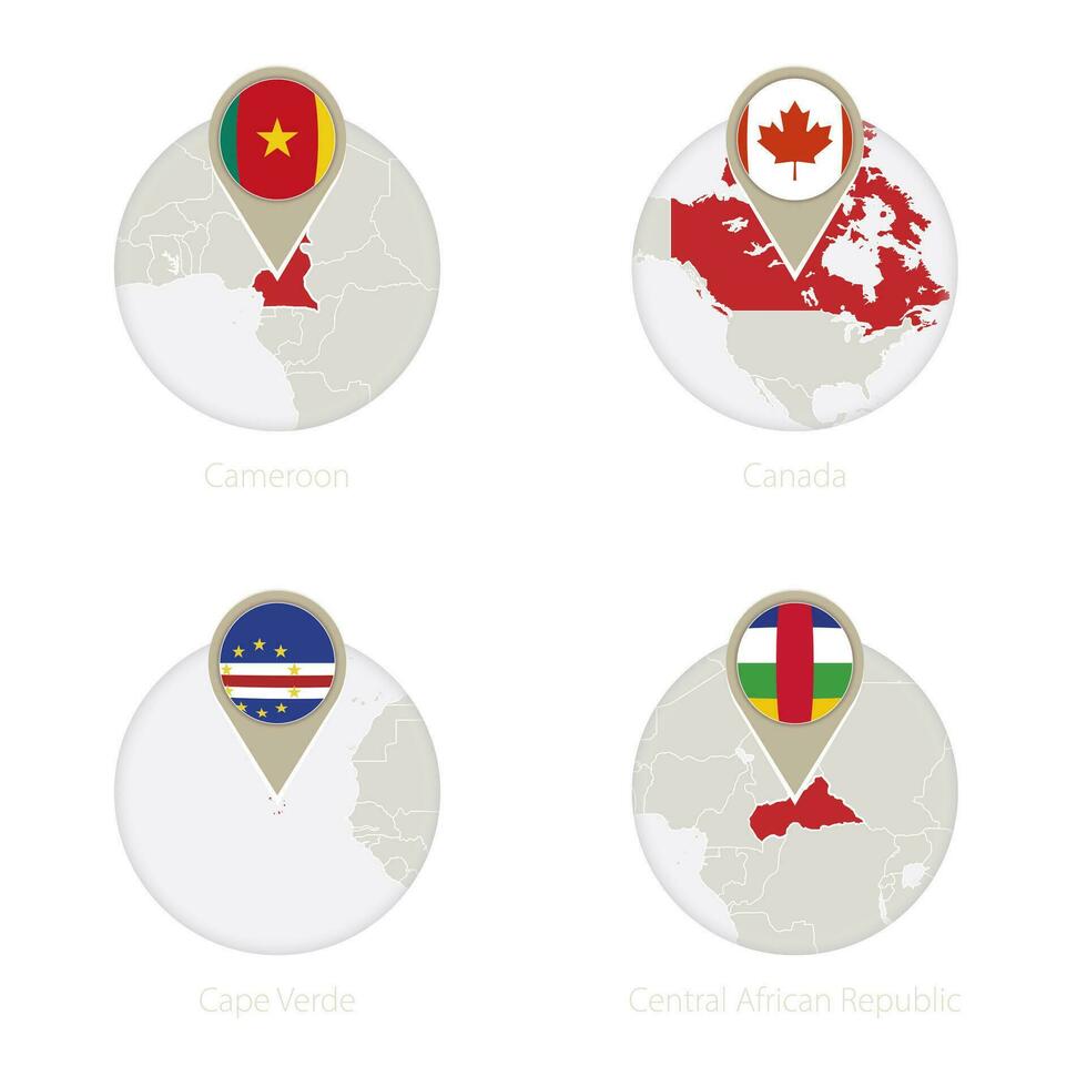 Camarões, Canadá, capa verde, central africano república mapa e bandeira dentro círculo. vetor