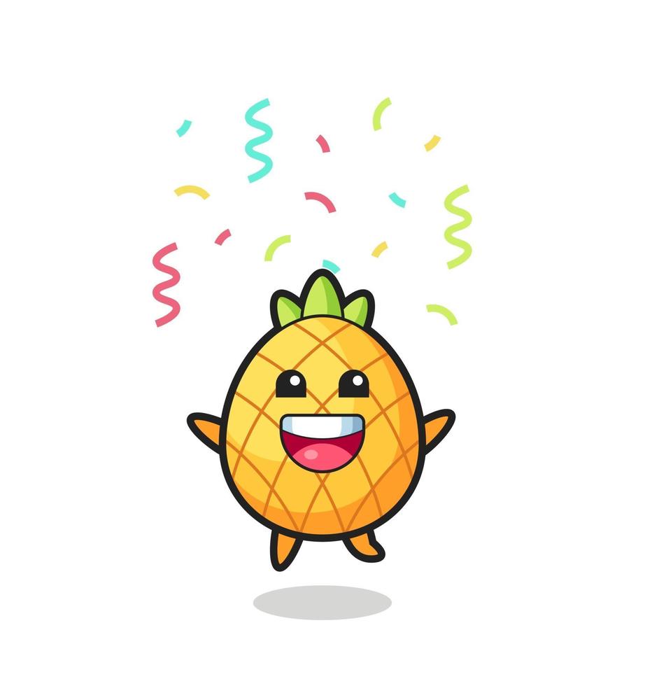 mascote do abacaxi feliz pulando para os parabéns com confetes coloridos vetor