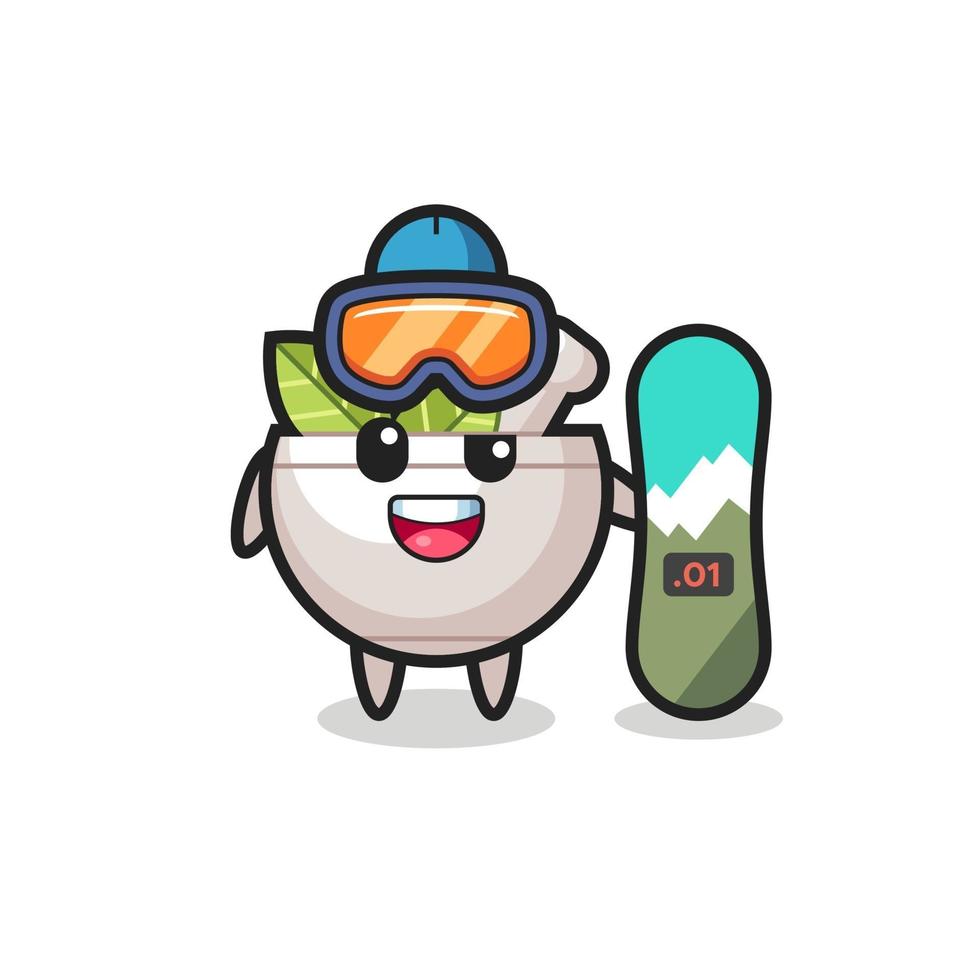 ilustração de personagem de tigela de ervas com snowboard vetor