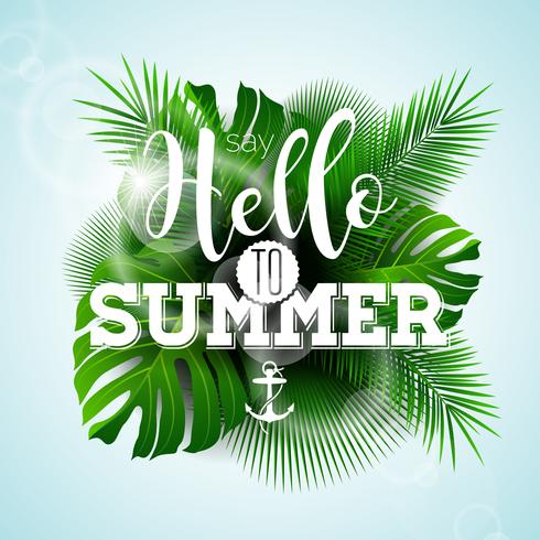 Vector Diga Olá a ilustração tipográfica de verão com plantas tropicais