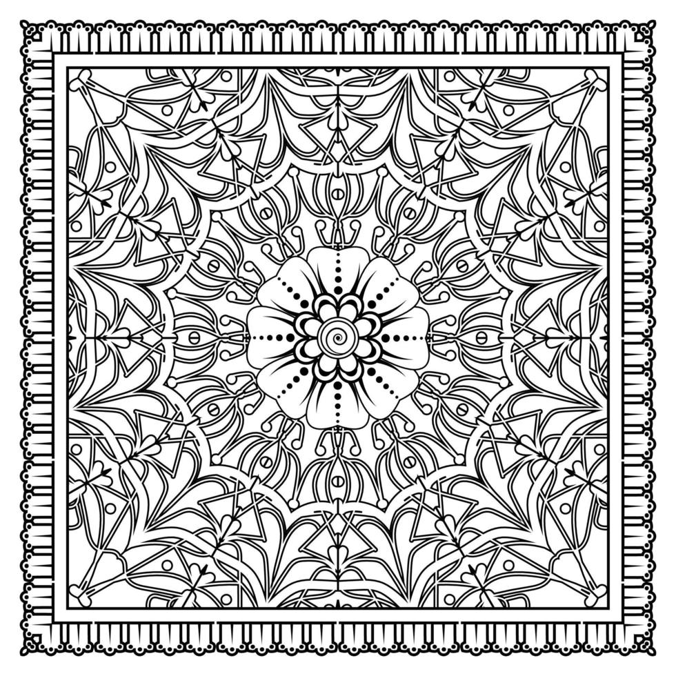 contorno padrão de flor quadrada no estilo mehndi para página de livro de colorir vetor