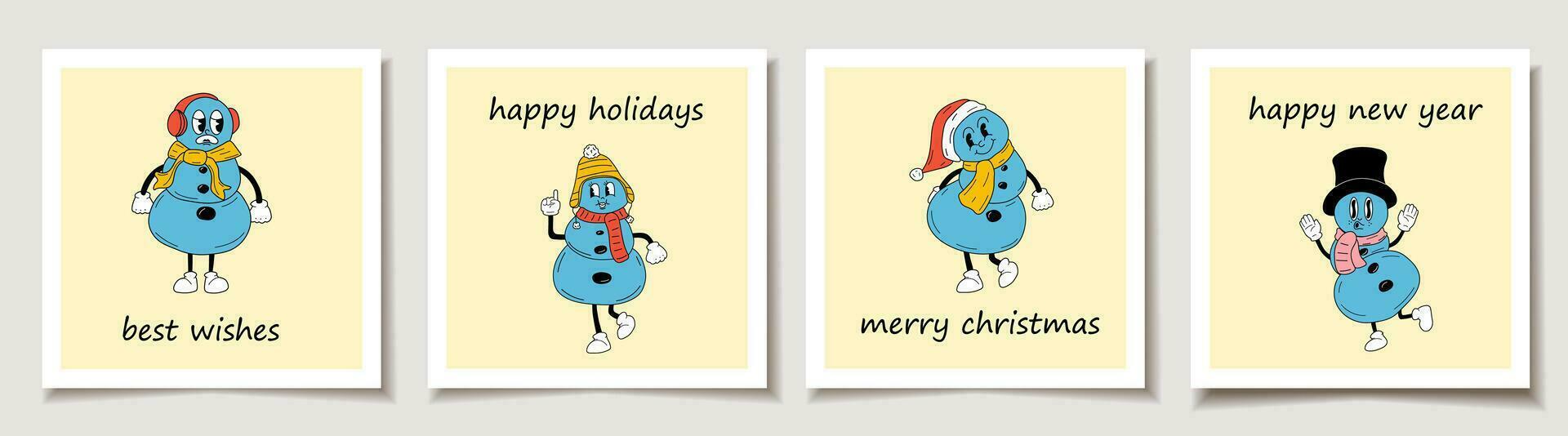 Natal vetor presente cartão ou tag conjunto fofa desenho animado Natal bonecos de neve personagens. alegre Natal letras, melhor desejos.