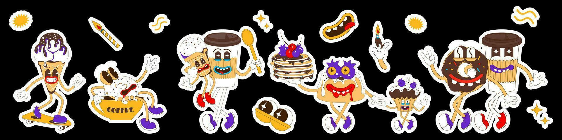 conjunto do doces adesivos. fofa rosquinha, café, chocolate e gelo creme personagens dentro retro desenho animado estilo. vetor