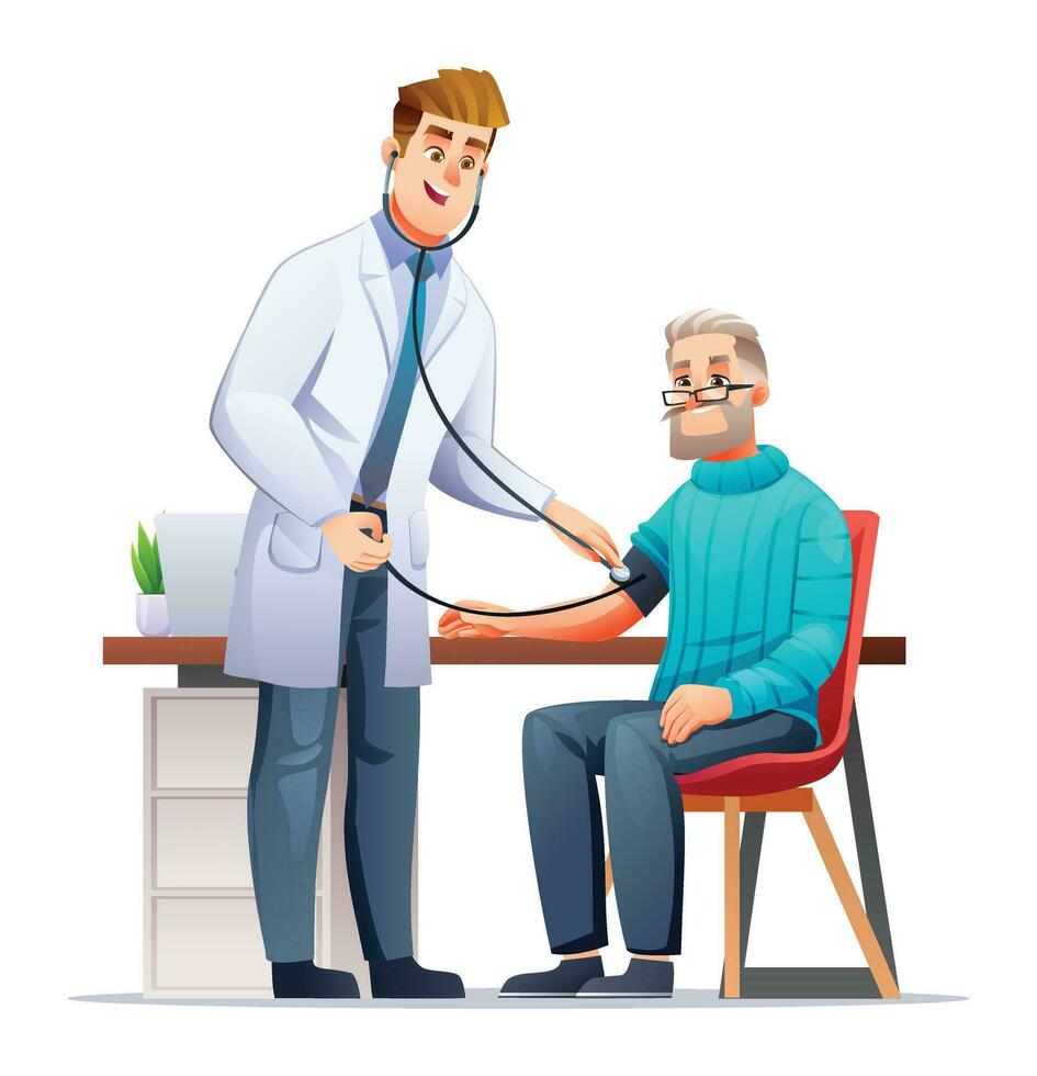 médico medindo sangue pressão para Senior paciente dentro médicos escritório. cuidados de saúde médico exame conceito. vetor desenho animado personagem ilustração